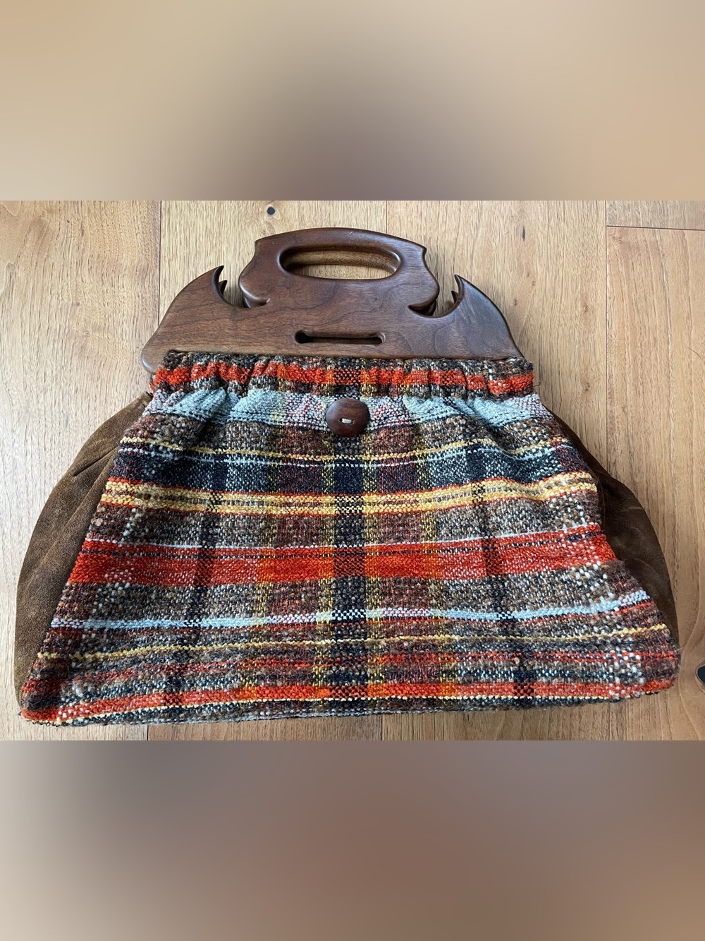 Vintage woven and suede bag with wood handle